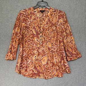 Cocomo Womens Tunic Top 3X Orange Floral 3/4 Sleeve Roll Tab Pleated Fall Autumn